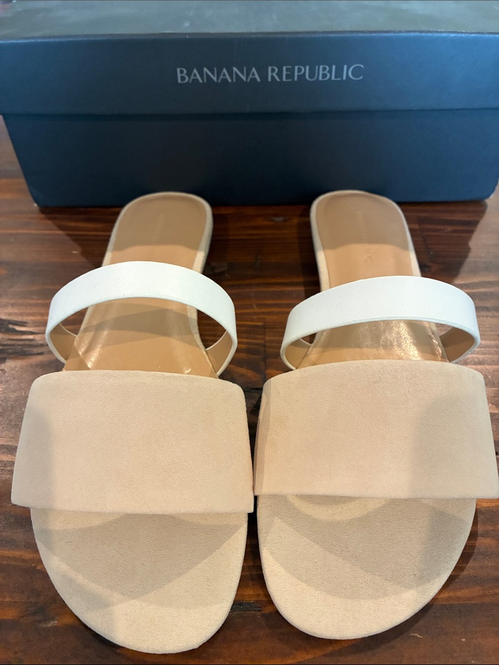 Banana Republic Beige Suede Slide Sandals with White Strap